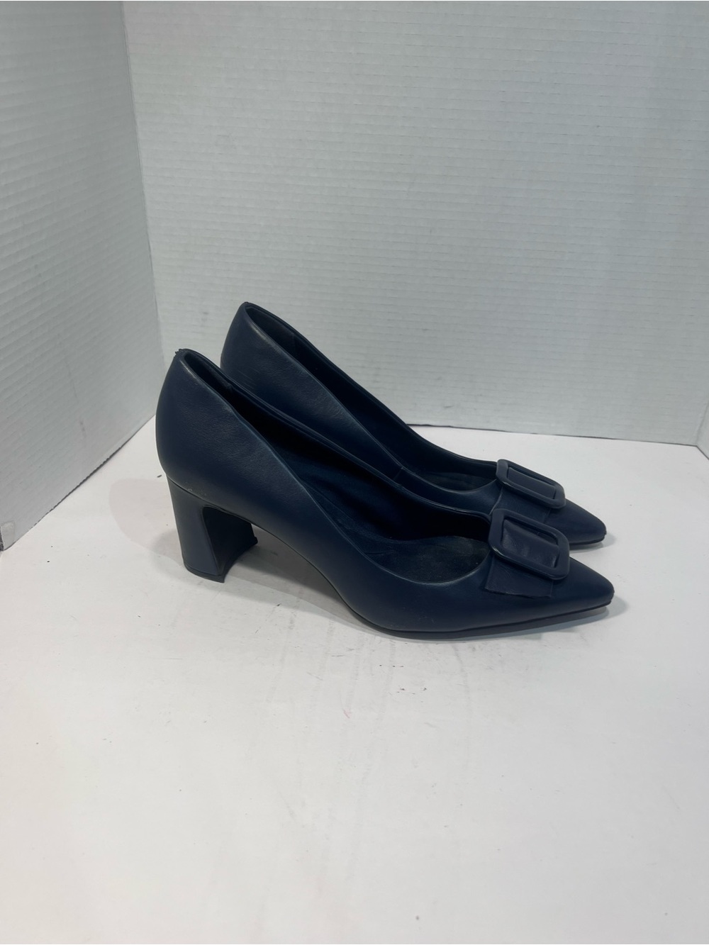Anne Klein Navy Pointed Toe Mid Block Heel Pumps with Buckle